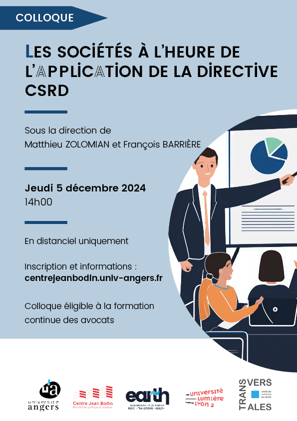 Affiche du colloque "Les sociétés à l'heure de l'application de la directive CSRD", reprenant les informations pratiques du colloque. Toutes ces informations sont disponibles en format textuel. 